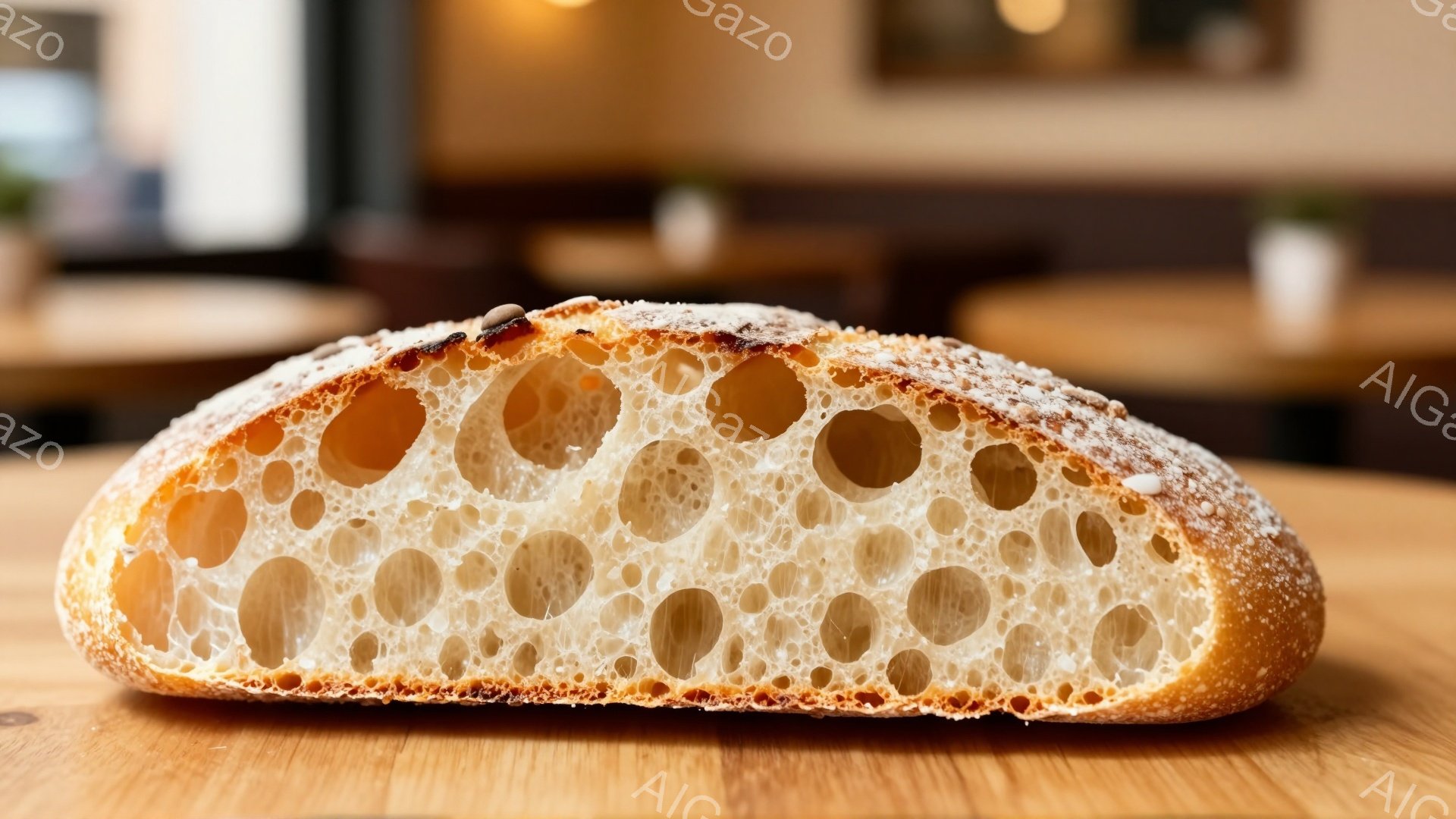 この画像は、切り開かれたパンの一断面を捉えています。外側は薄い茶色で、表面には小麦粉の粉がわずかに付着しており、内部は大小さまざまな気泡で満たされた、ふっくらとした構造です。背景はぼかされており、木製のテーブルの上にあることがわかります。