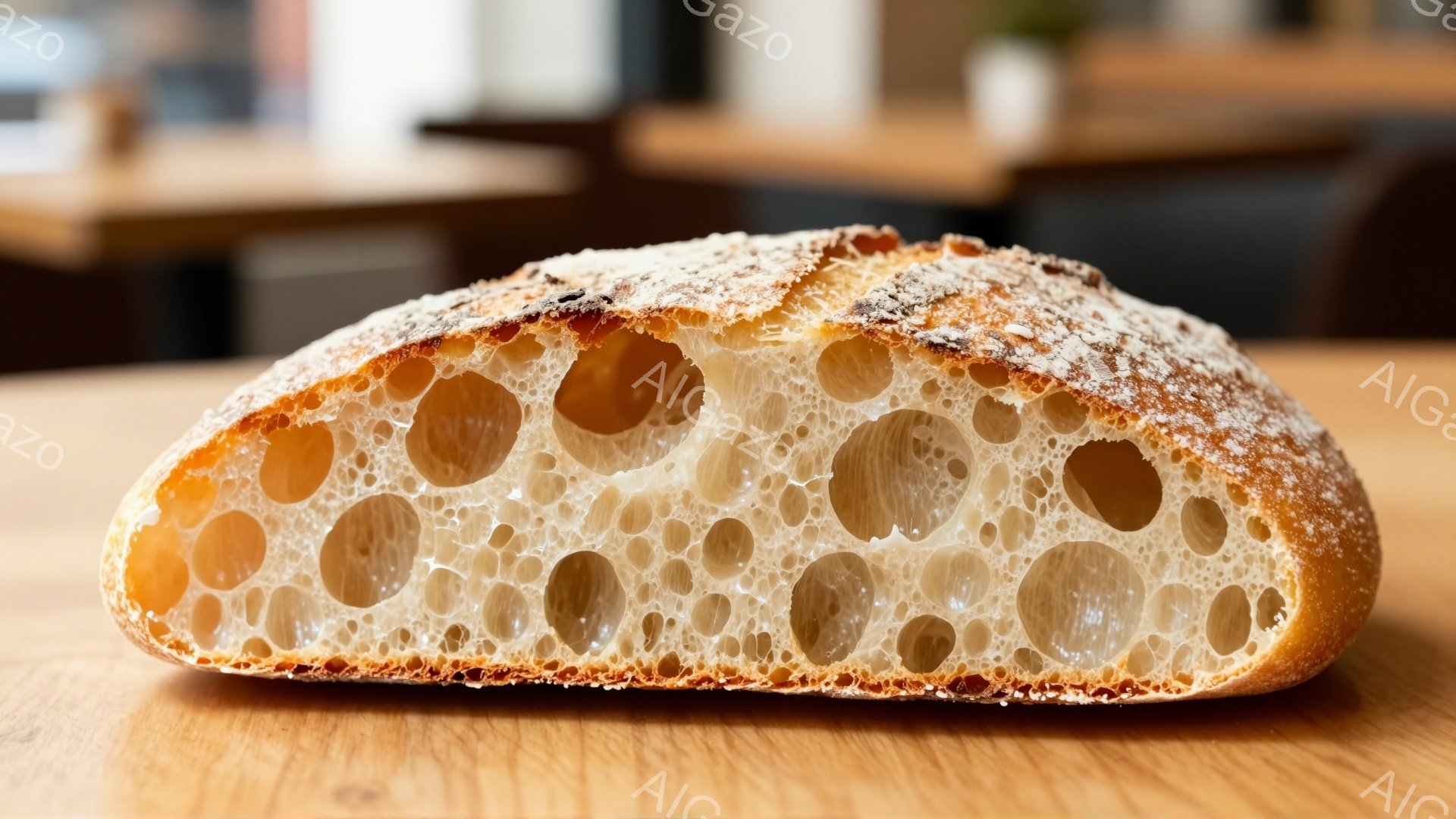 この画像は、切り開かれたパンの断面のクローズアップです。外側は焼き色がついていて、内側には大きな穴がたくさん空いています。木製のテーブルの上に置かれており、背景はぼやけていますが、カフェのような雰囲気の室内であると推測できます。