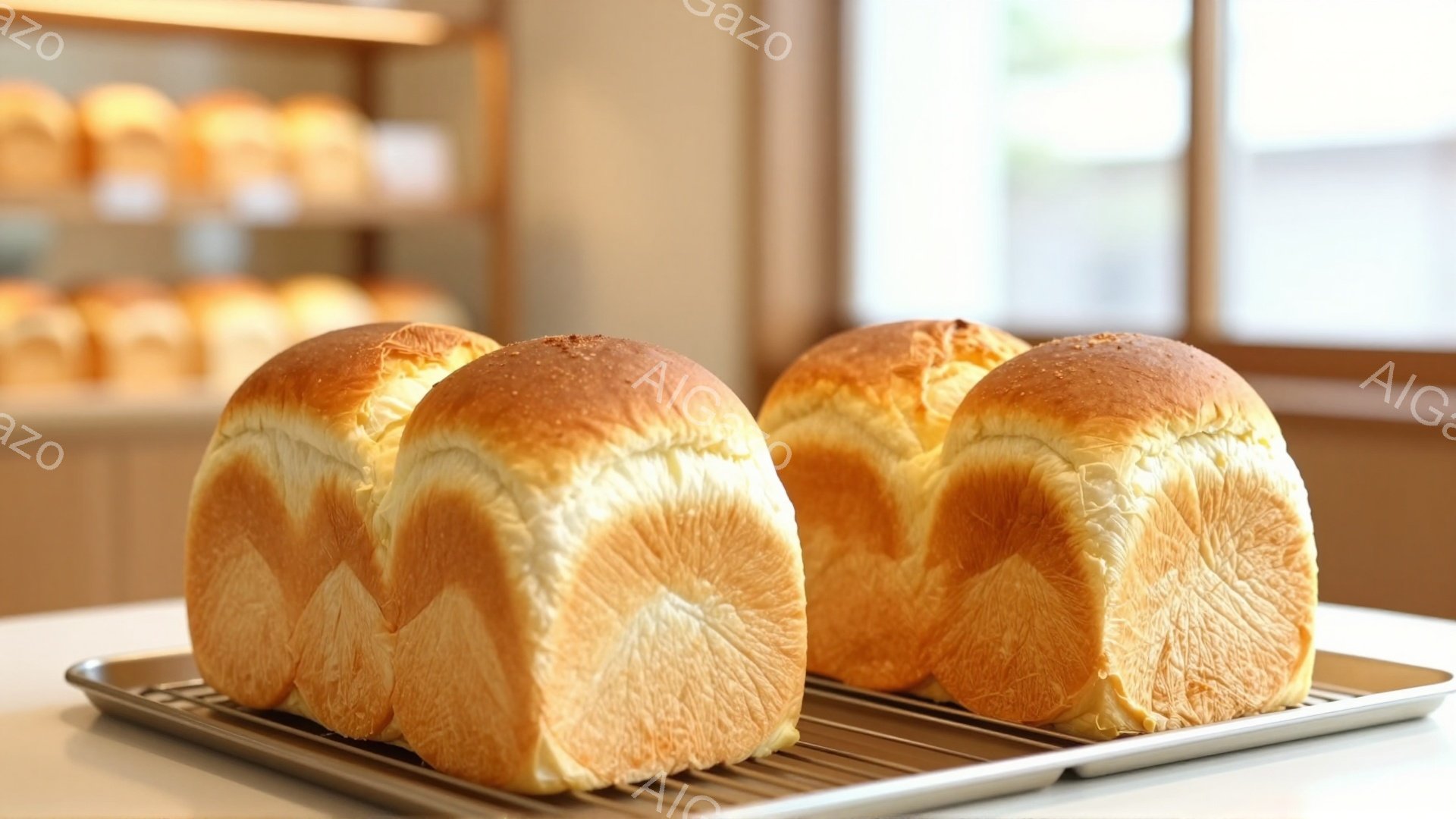 画像には、金属製のラックに乗った焼きたてのパンが2つ並んでいる様子が写っている。パンは表面が黄金色に輝き、ふっくらとしており、食欲をそそる。背景にはパン屋のショーケースが見え、明るく清潔な雰囲気である。