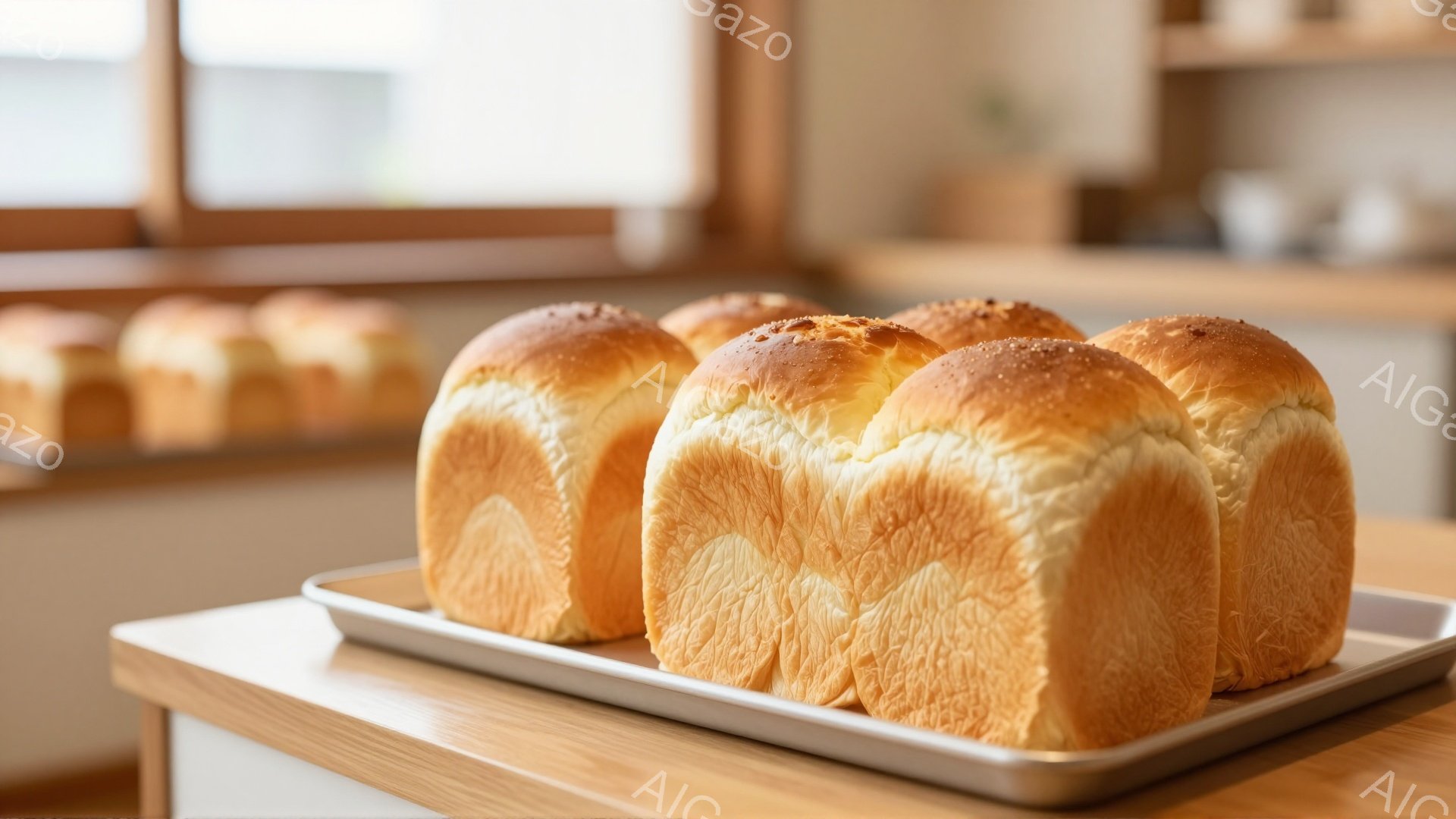 焼き上がったパンが金属製のトレイに並べられています。パンは角ばっており、表面は黄金色に輝いており、ふっくらとした食感が期待できます。背景にはぼやけた窓と棚が見え、温かみのある家庭的な雰囲気が漂っています。
