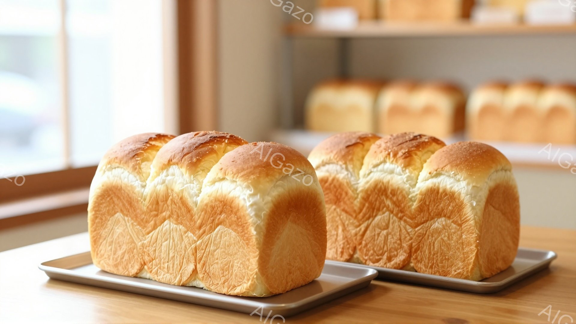 画像には、焼きたての食パンが2列に並べられた金属製のトレイが写っています。パンはふっくらとしていて、表面は黄金色に輝いています。背景には、同様の食パンが並んだ棚があり、明るく清潔なパン屋の店内を思わせます。