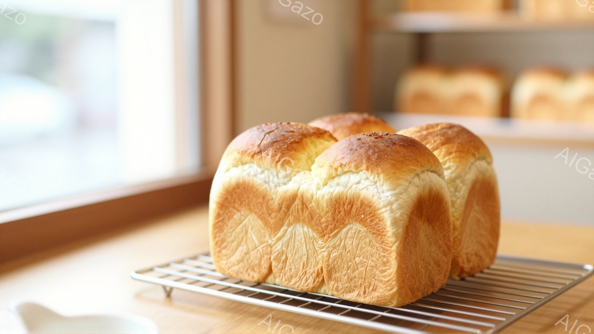 画像には、焼き色のついたパンが金属製の網の上に並べられています。背景には、ぼやけた窓とパンが並んだ棚が見え、明るく暖かく、家庭的な雰囲気が漂っています。パンはふっくらとしており、焼き色のコントラストが食欲をそそります。