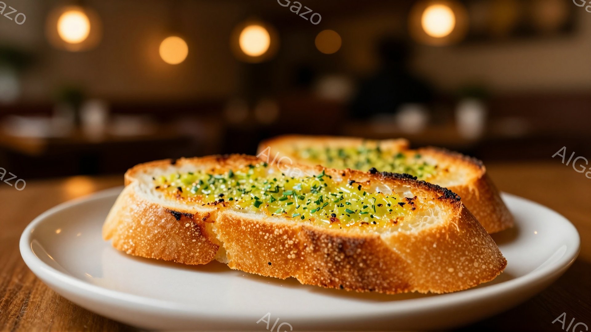 白い皿に、ガーリックバターとパセリが乗った、焼き上がったバゲットが2切れ並んでいます。バゲットは表面がカリカリに焼けており、バターとパセリの緑色が食欲をそそります。背景はぼかされており、暖かい光が差し込み、居心地の良い雰囲気を醸し出しています。