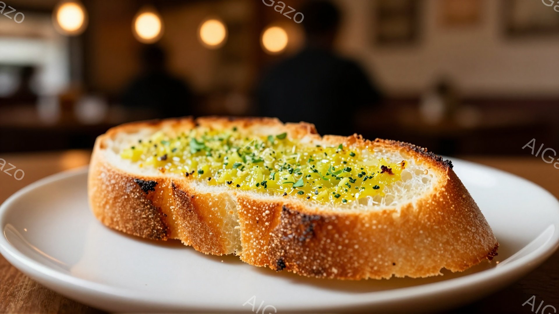 白い皿に、こんがりと焼かれたパンの一切れが置かれています。パンの上には、細かく刻まれた緑色のハーブと、黒い粒状のもの（おそらくキャビアやイクラ）がたっぷりと乗せられています。背景はぼかされており、暖色系の光が灯っており、高級感のある料理の雰囲気を引き立てています。