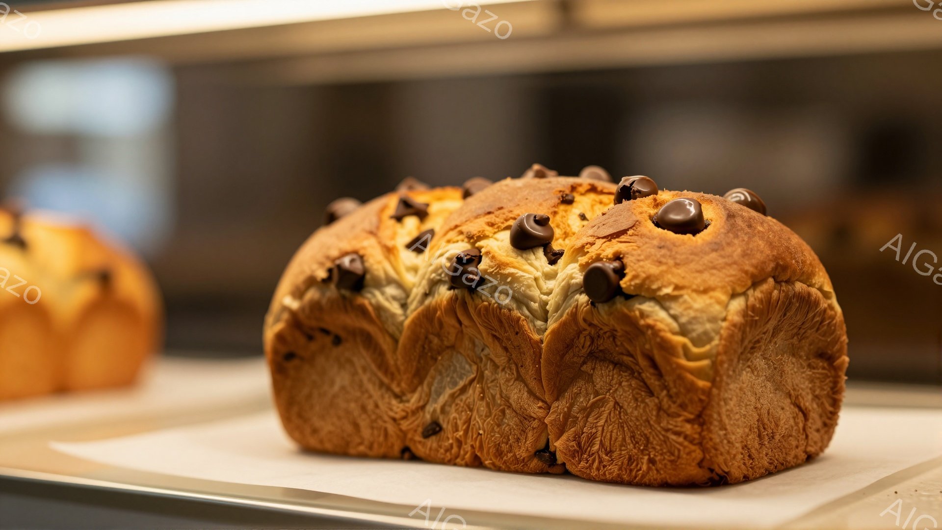 画像には、焼き色のついたパンが写っています。表面にはチョコレートチップが散りばめられており、パン生地はふっくらとしていて、層状になっているのがわかります。白い紙が敷かれた金属製のトレイの上に置かれており、背景は少しぼけていますが、他のパンも見えるようです。