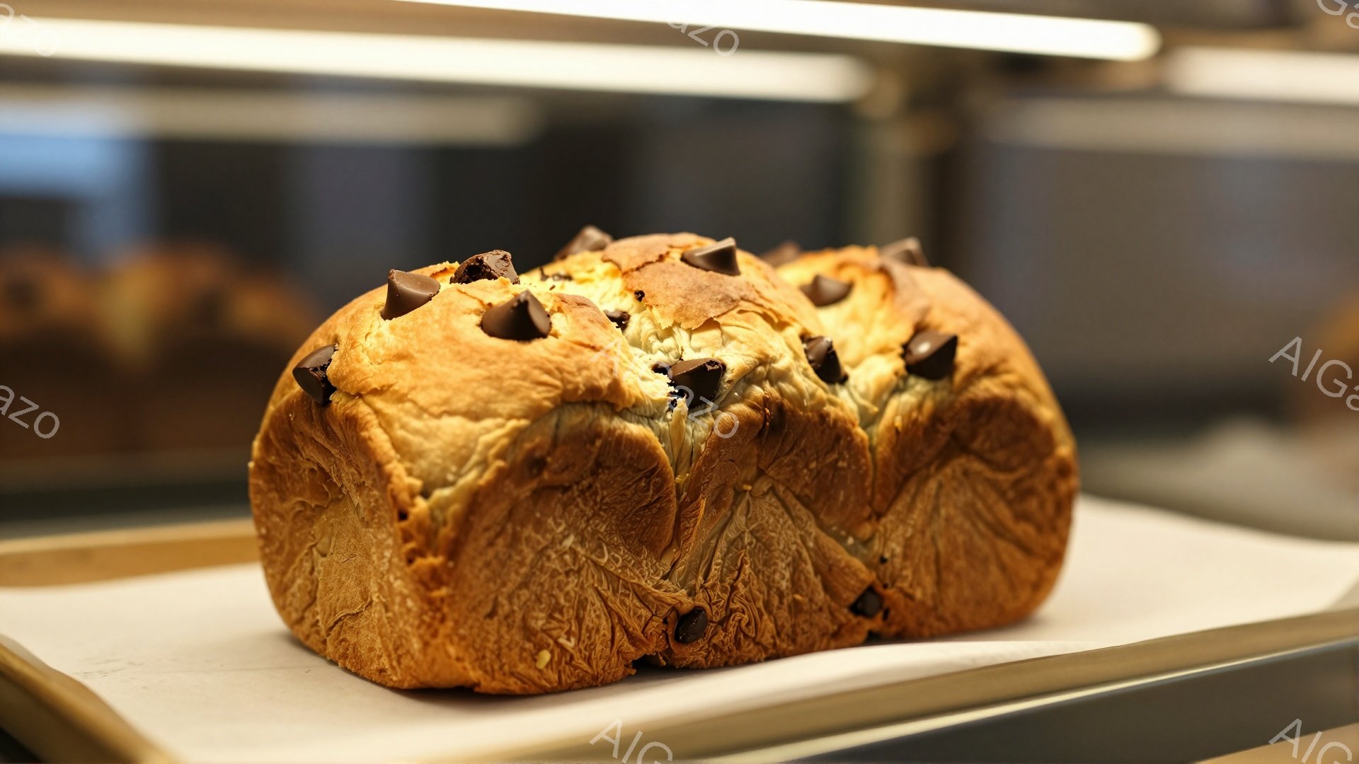 焼き色が美しい、チョコレートが入ったパンが、白い紙の上に置かれています。パンの表面には、チョコレートの塊が不規則に散りばめられ、香ばしい香りが漂ってくるようです。背景にはぼんやりと他のパンが見え、パン屋さんのショーケースの中である様子が伺えます。
