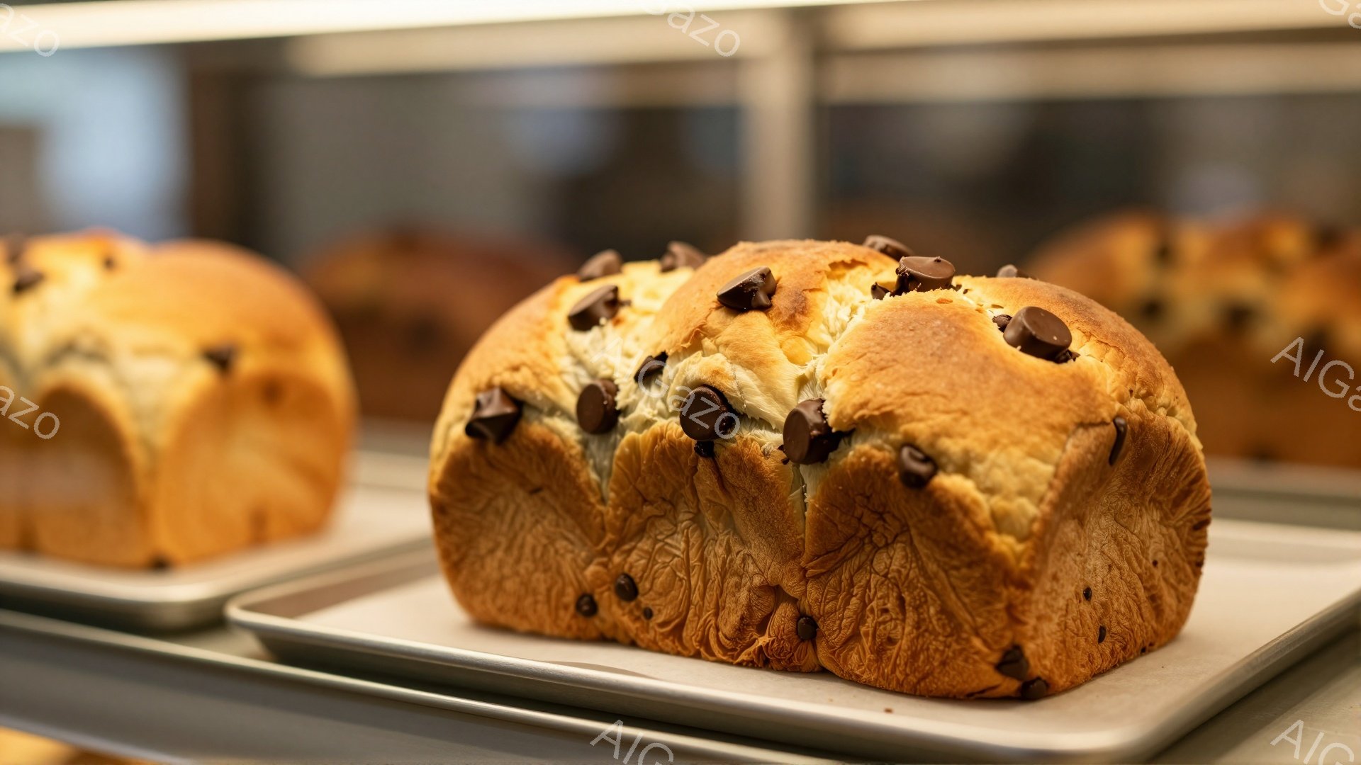 画像には、焼き色がかったパンが金属製のトレイの上に置かれています。パンの表面にはチョコレートチップが散りばめられており、しっとりとした食感が想像できます。背景には他のパンがぼんやりと見え、パン屋のショーケースの中であることがわかります。