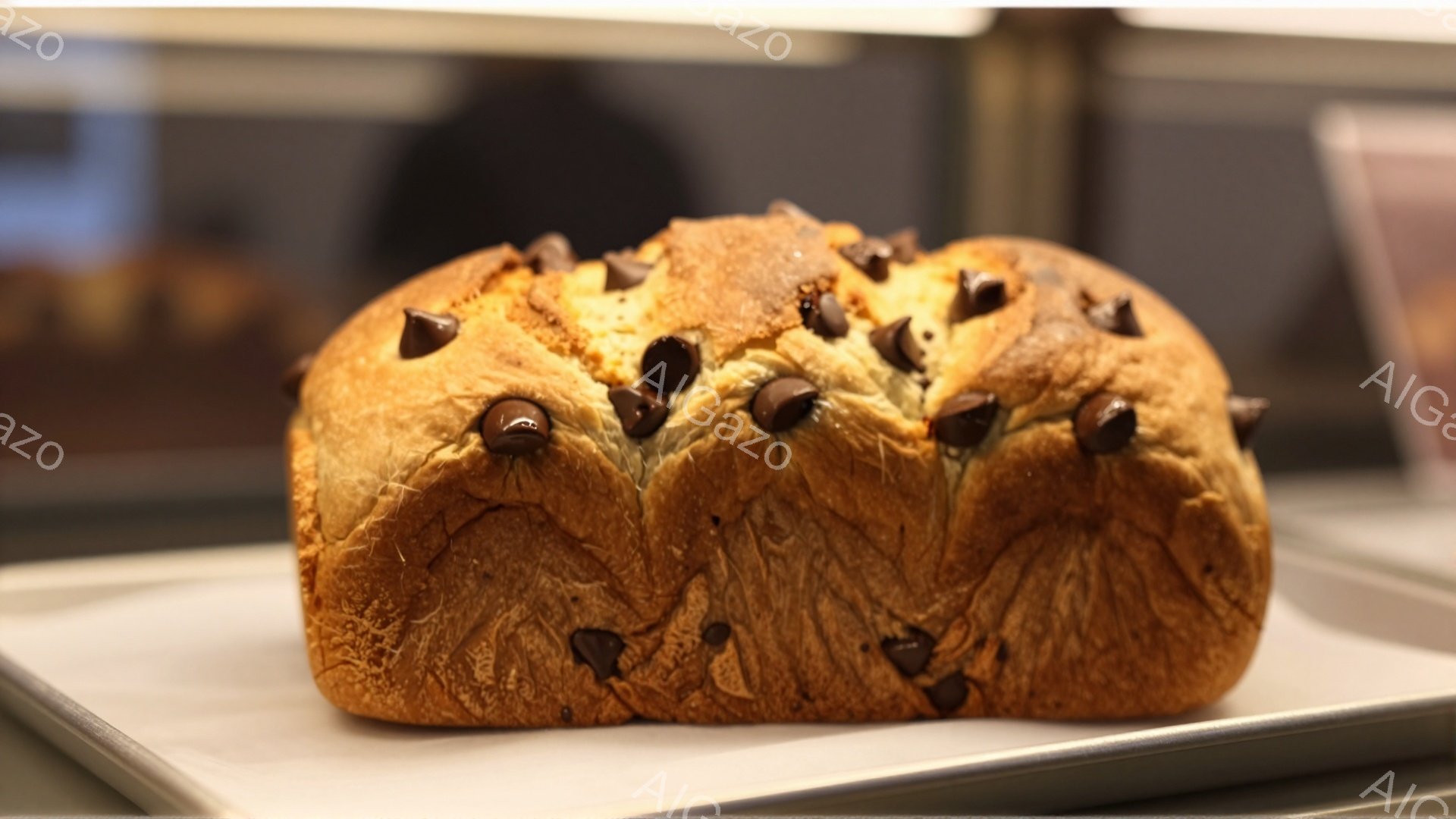 画像には、チョコレートチップが散りばめられた、焼き色のついたパンが写っています。パンは少し不規則な形をしており、表面は軽く焦げたような色合いで、美味しさを感じさせます。白いトレイの上に置かれており、背景はぼやけていますが、おそらくパン屋さんのショーケースの中のようです。
