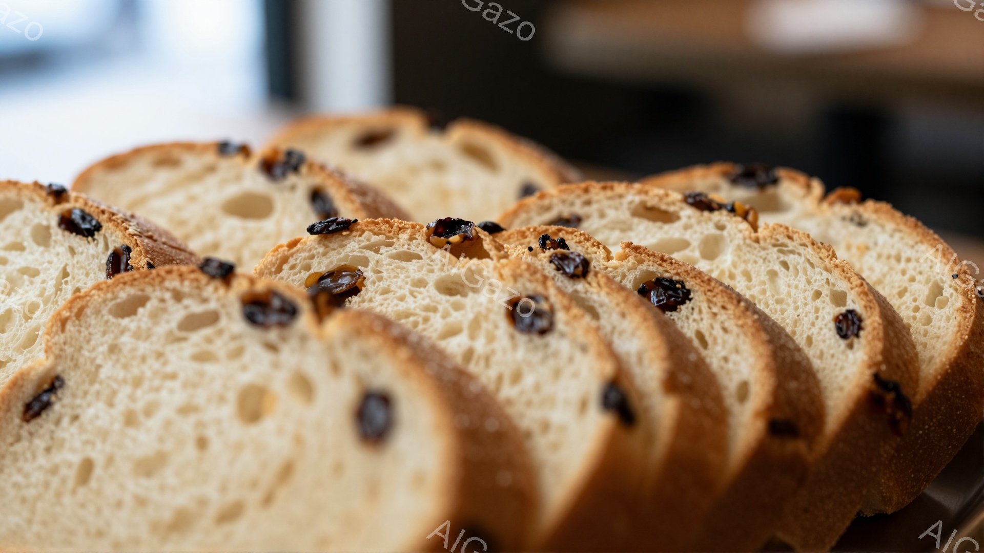 画像は、レーズンパンのスライスが並んだクローズアップ写真です。パンはふっくらとしており、表面にはレーズンが点在しています。明るい色調とパンのテクスチャが、美味しさを引き立てています。