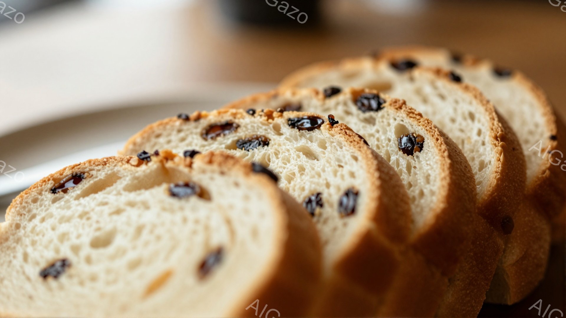 スライスされたレーズンパンが焦点に当てられています。パンはふっくらとしていて、中には甘いレーズンが散りばめられており、食欲をそそる光景です。背景はぼやけていますが、木製の表面であることが分かります。