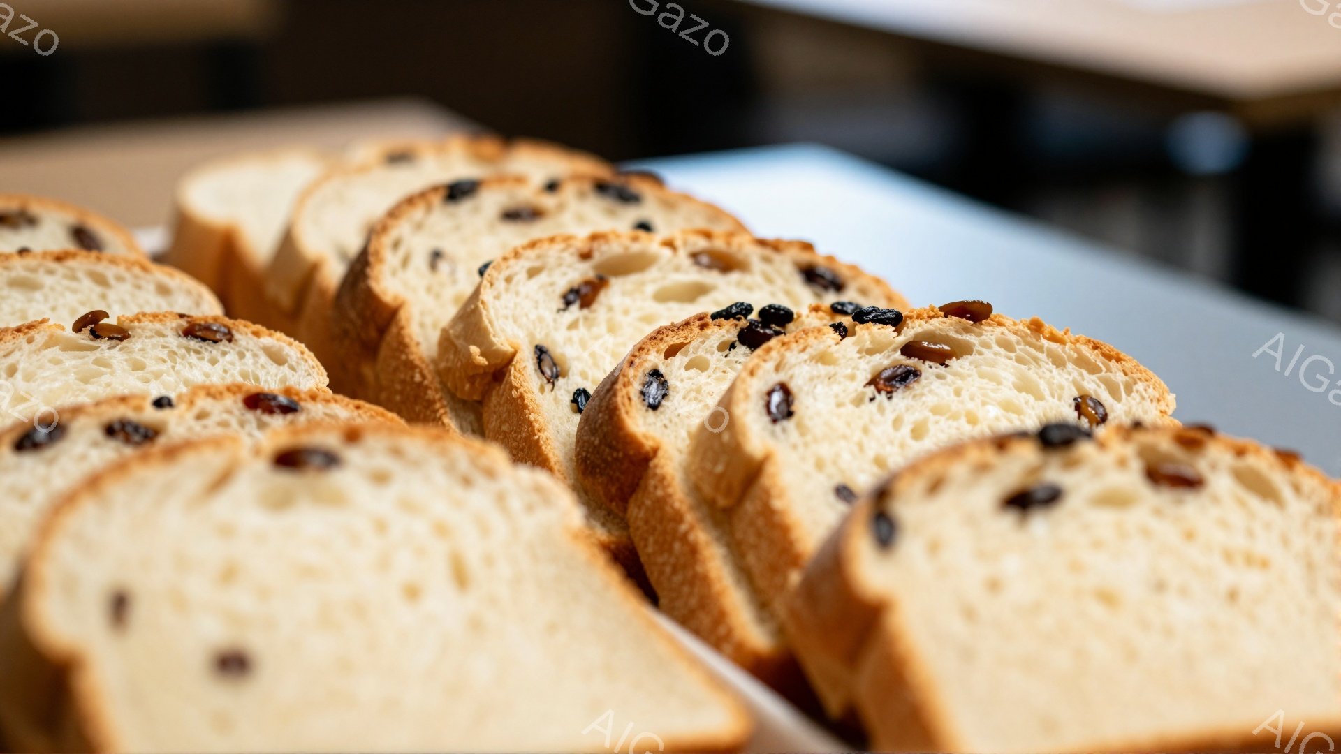 画像には、レーズンパンのスライスが整然と並べられています。パンは焼き色が薄く、柔らかそうな食感が想像できます。背景はぼやけており、パンに焦点が当たっています。