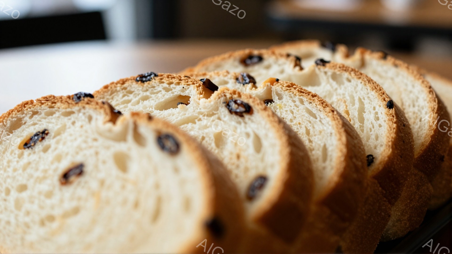 焼き色が薄い、レーズンパンのスライスが数枚、光沢のある茶色の表面が並んで写っている。パンはふっくらとしており、レーズンがところどころに見える。背景はぼやけており、おそらく木製のテーブルまたはカウンターの上にあると思われる。