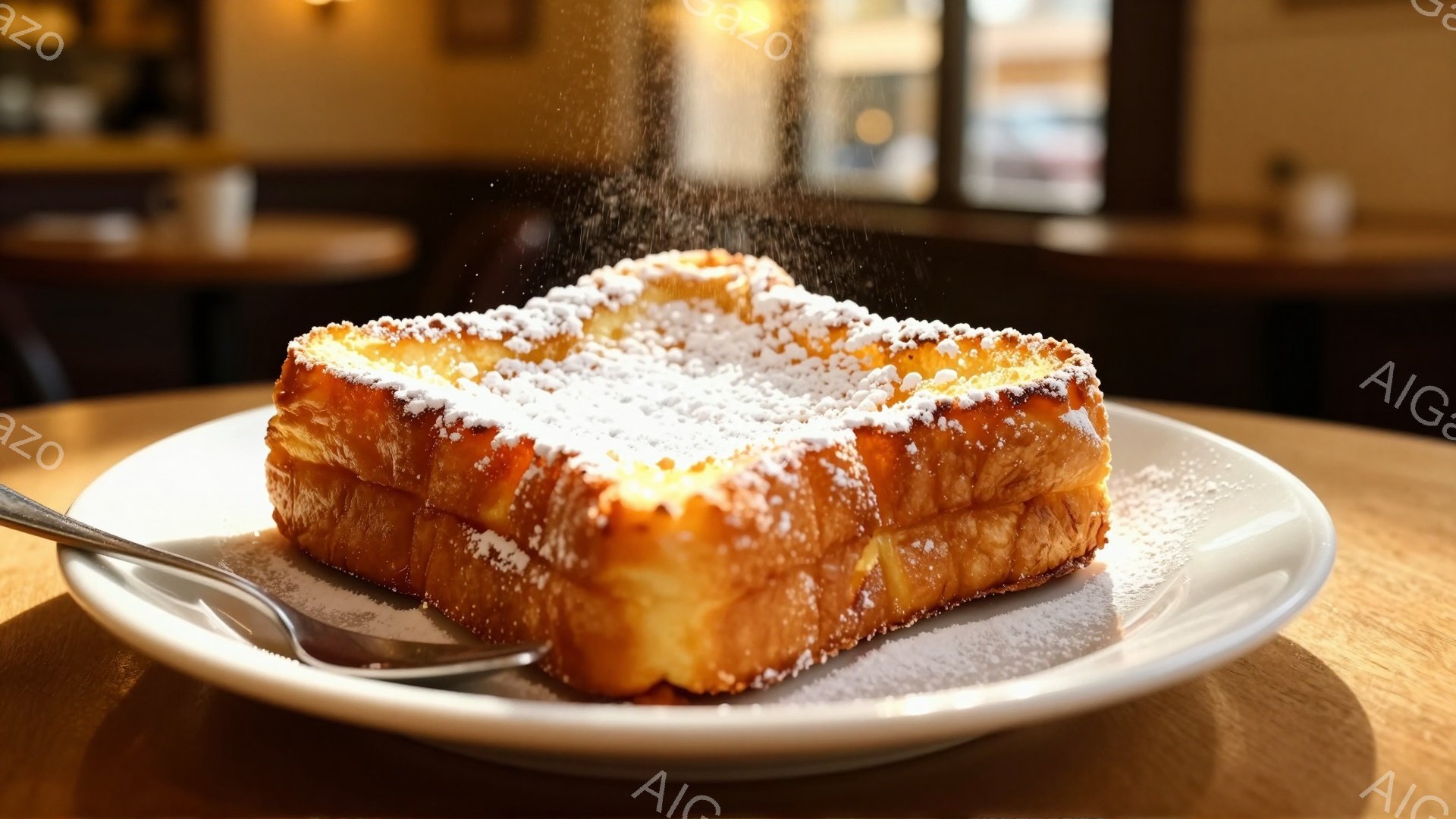 焼きあがったトースト一片が白い皿に乗せられ、上から粉砂糖がふりかけられています。背景には、ぼやけたテーブルと椅子、そして窓が見え、カフェのような温かい雰囲気が漂っています。明るい光がトーストを照らし、 - AI生成フリー素材