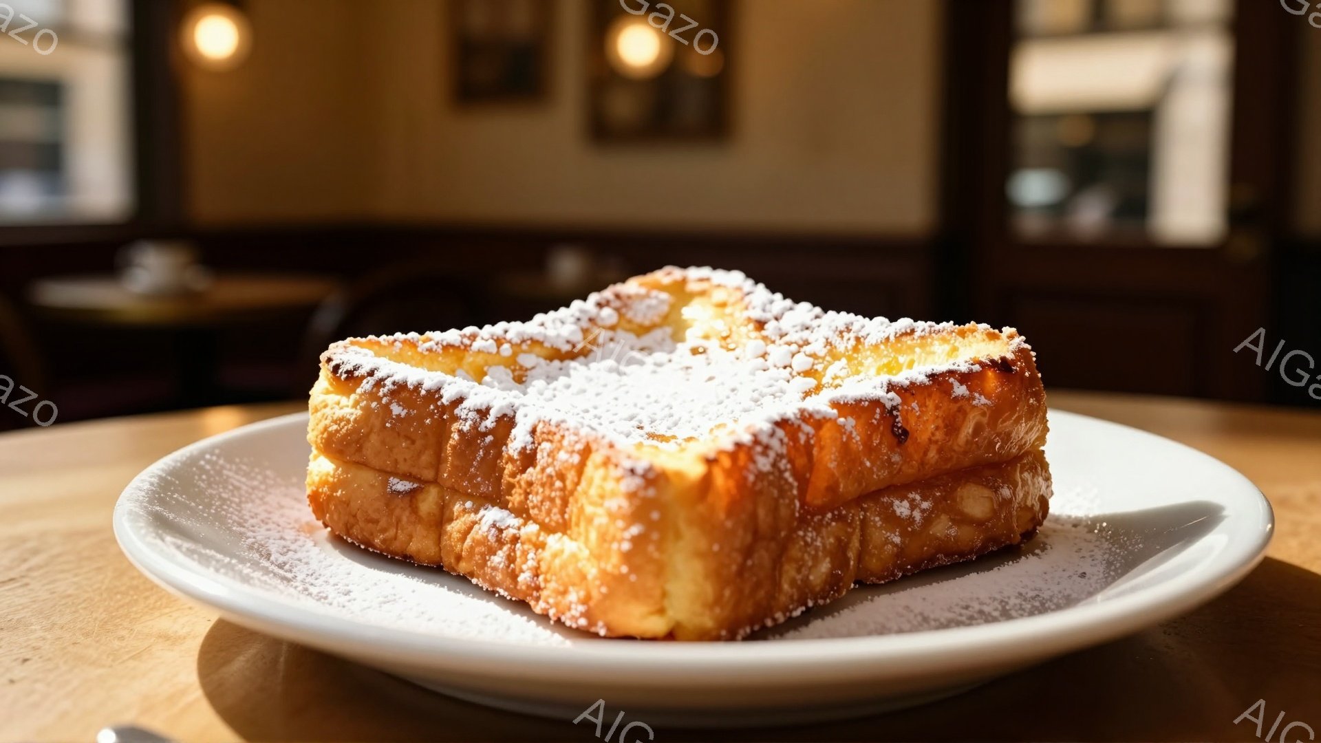 焼き色が鮮やかなフレンチトーストが白い皿に乗せられています。粉砂糖が全体にふりかけられ、表面には細かい穴がいくつか見られます。背景はぼやけていますが、木製のテーブルと暗い色の家具が見え、暖かく落ち着い - AI生成フリー素材