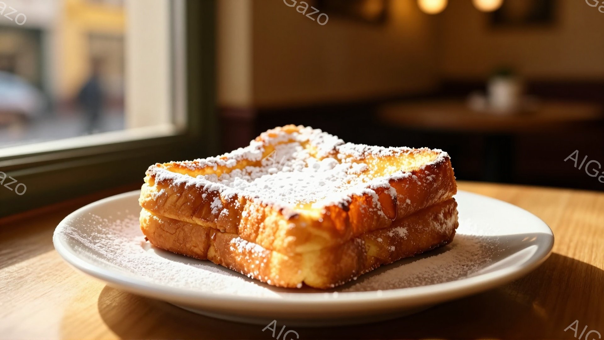 白い皿の上に、粉砂糖がふりかけられたフレンチトーストが2枚乗っています。背景には、ぼやけた窓の外の風景と、木製のテーブルが見え、温かい光が差し込んでいます。全体的に、居心地の良いカフェのような雰囲気で、甘くておいしそうな朝食またはデザートのシーンが表現されています。