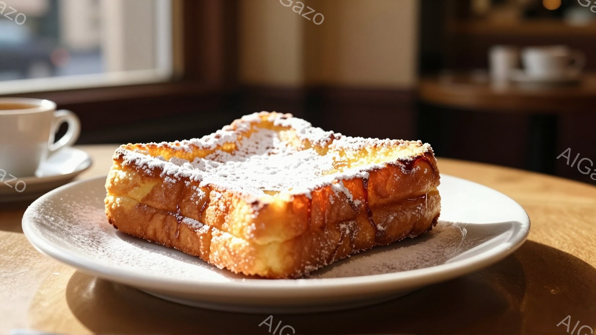 焼き色が美しいフレンチトーストが、白い皿の上に粉砂糖をたっぷりかけて置かれている。背景にはぼやけたカフェの様子が見え、木製のテーブルの上で温かい光が反射している。全体的に、甘くて心地よいカフェの雰囲気 - AI生成フリー素材