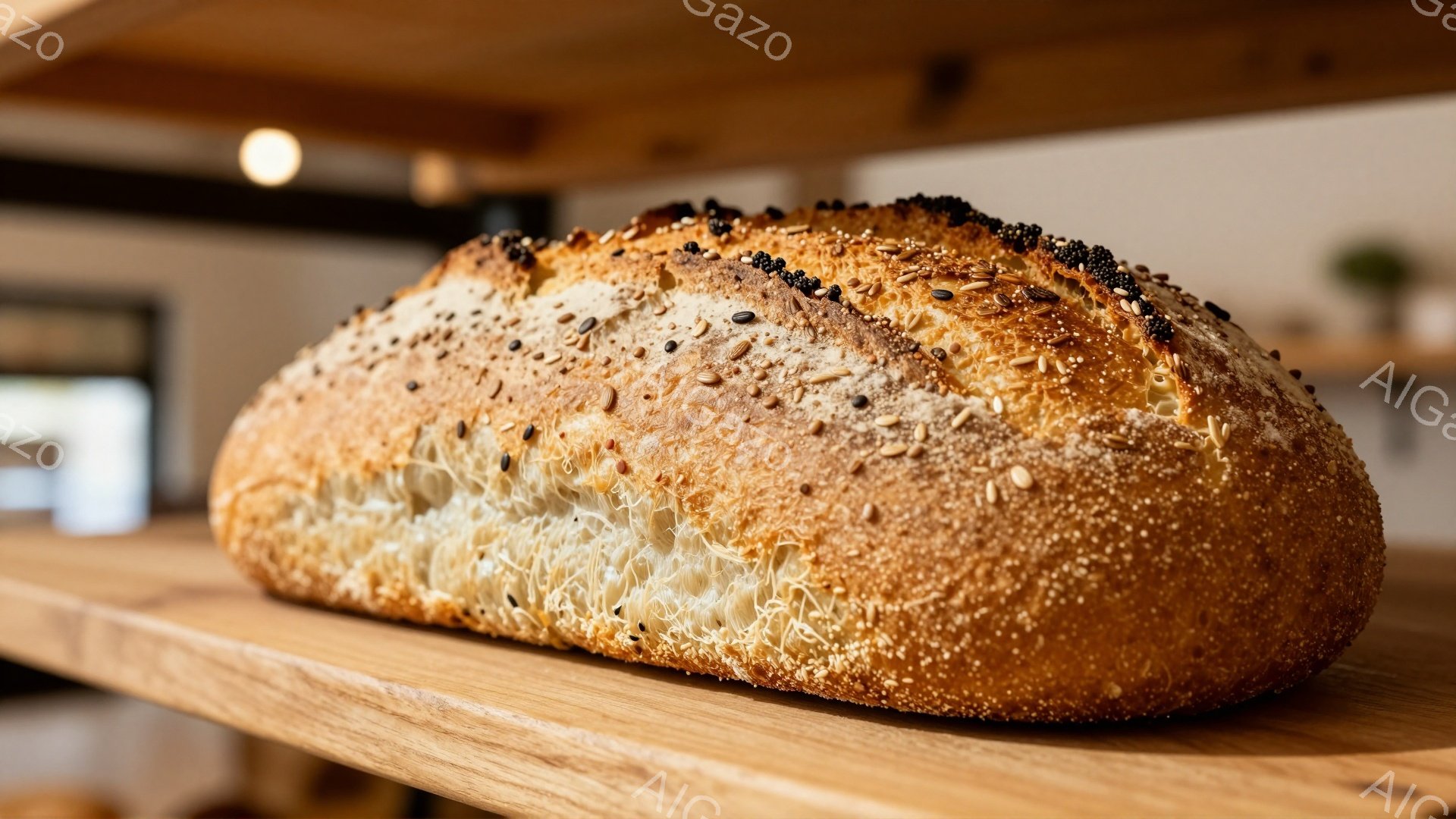 画像には、様々な種子が散りばめられた、焼き色のついたパンが写っています。パンは木製の棚の上に置かれ、表面はサクサクとした質感で、内部は柔らかそうな穴が開いています。背景はぼやけていますが、明るい室内であること、パン職人がこだわって作った温かい雰囲気が伝わってきます。