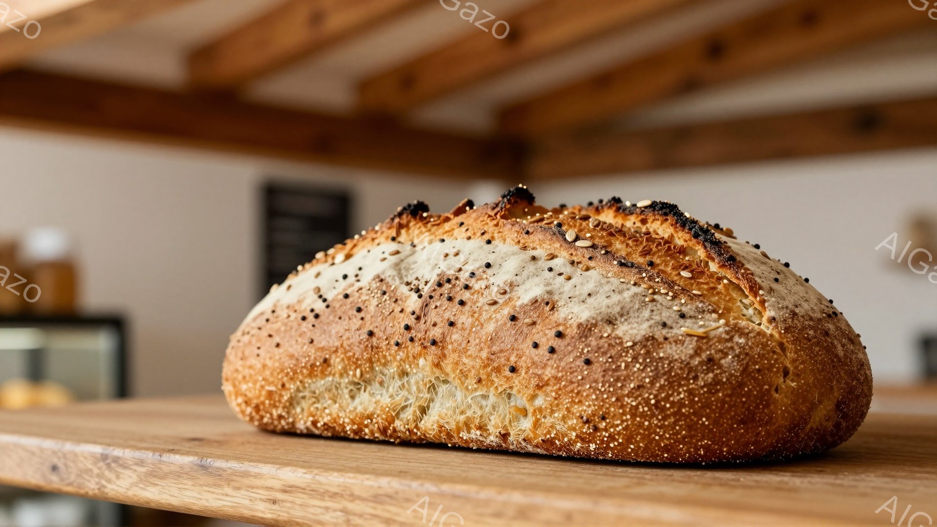 画像には、表面に様々な種子が散りばめられた、焼き色のついたパンが写っている。パンは木のカウンターの上に置かれ、背景にはぼやけた店舗内部が見える。全体的に暖かく、素朴な雰囲気で、手作りパンの魅力を引き立てている。