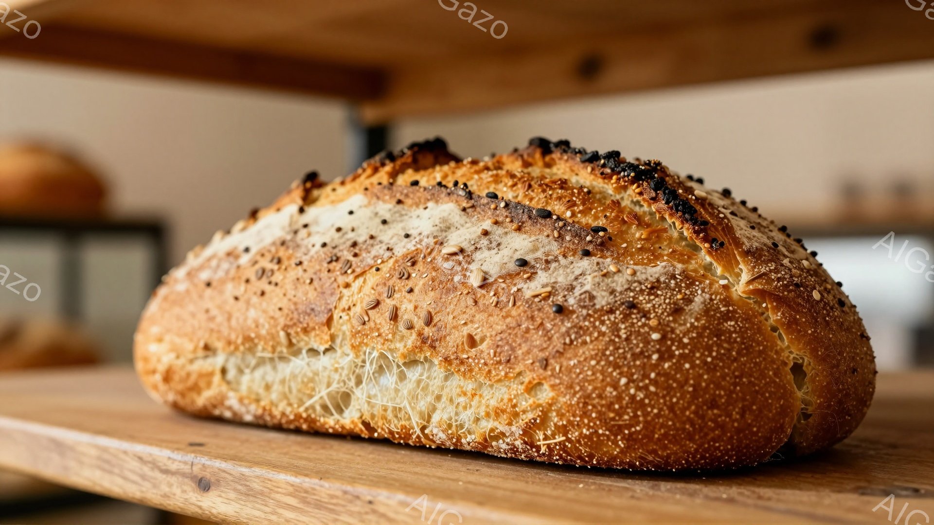 表面に様々な穀物がまぶされた、焼き色のついたパンが木製の棚の上に置かれている。パンは少し焦げ目がついており、パリッとしたクラストとふっくらとした内部が期待される。背景にはぼやけた他のパンが見え、パン屋やベーカリーの一室のような温かい雰囲気が漂っている。