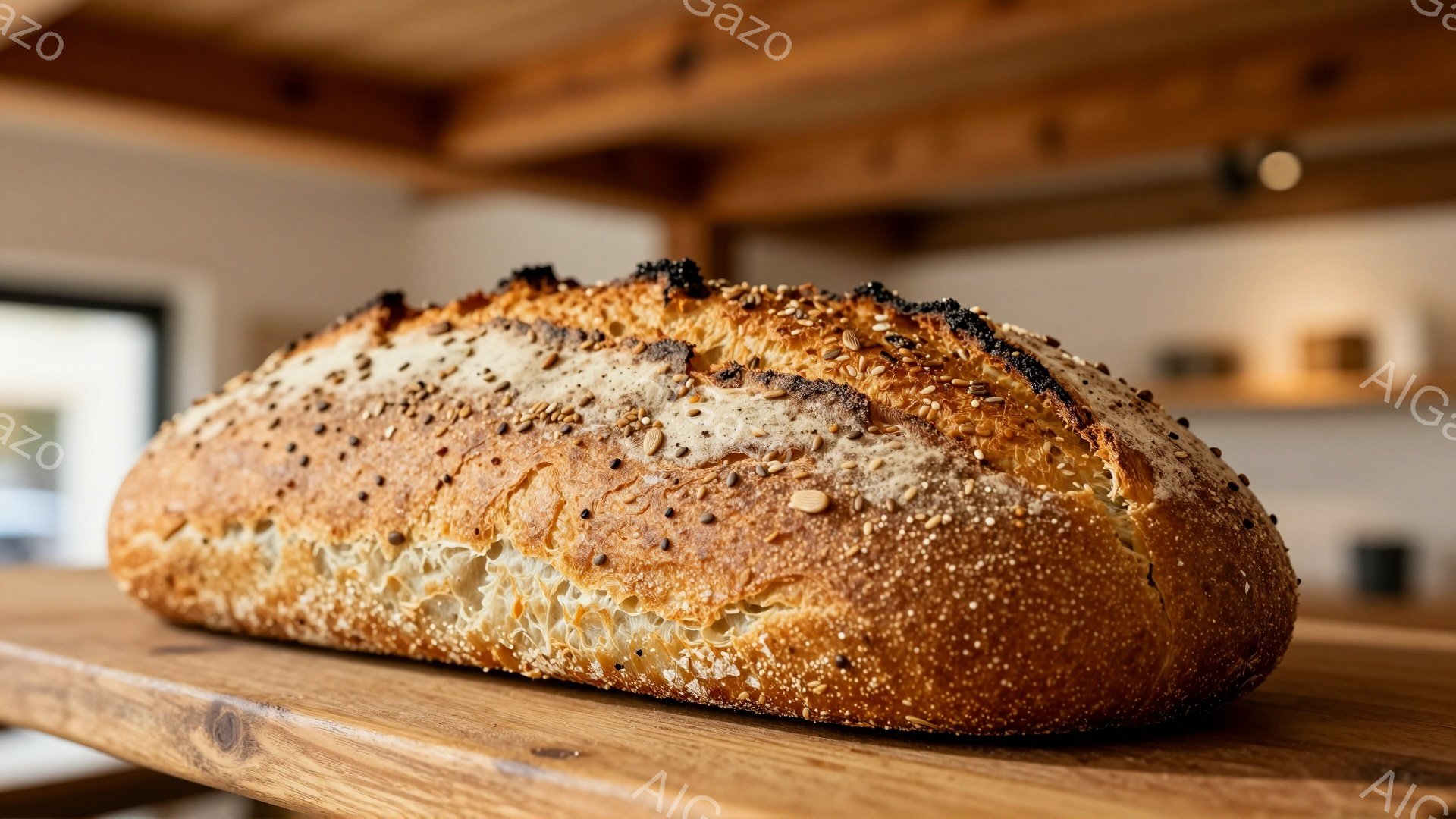 全粒粉パンが木のテーブルの上に置かれており、表面には様々な種類の種子が散りばめられています。パンは焼き色がついており、香ばしい匂いが想像できます。背景はぼやけていますが、木製の棚や明るい光が暖かく、家庭的な雰囲気を醸し出しています。