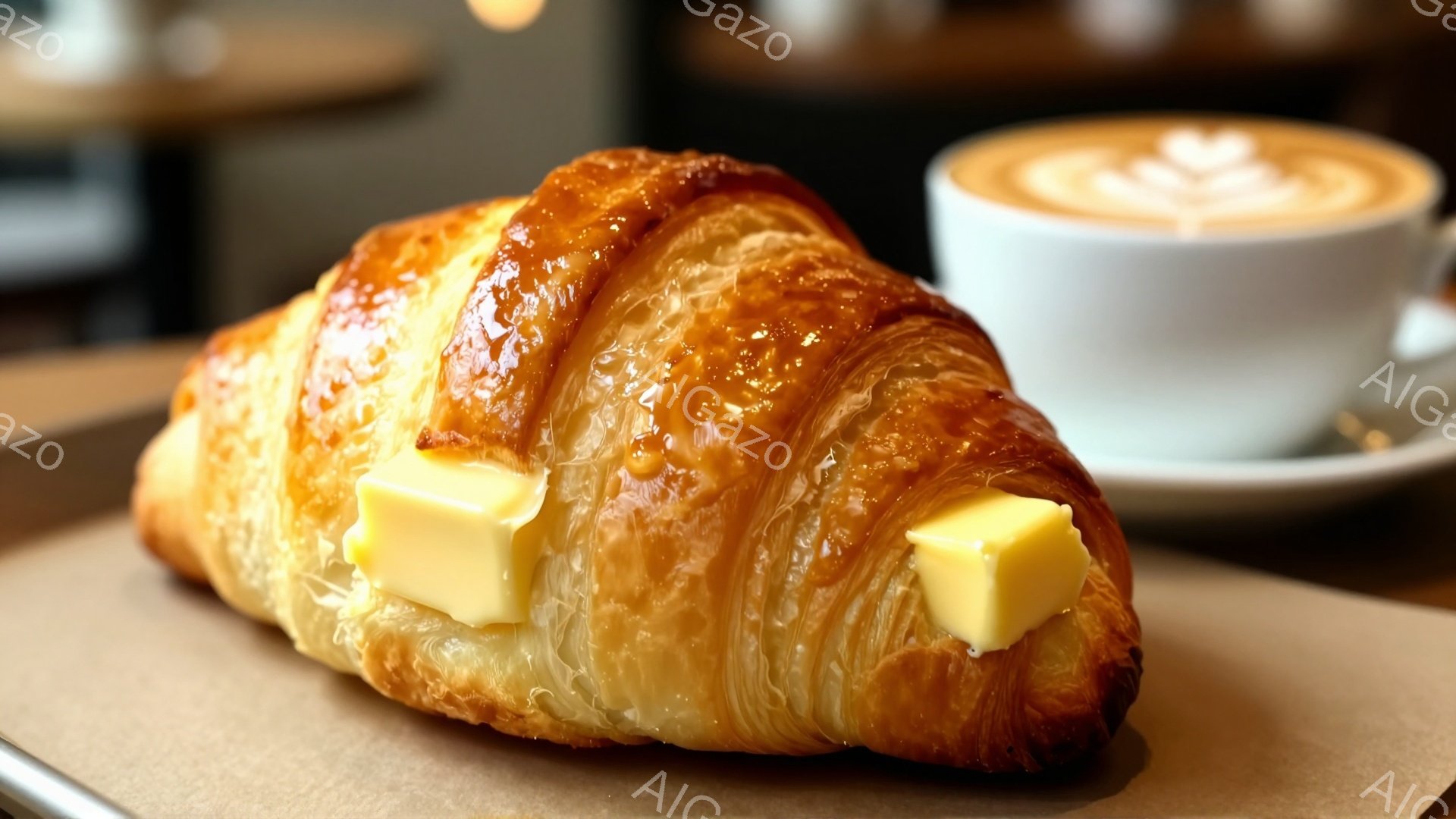 焼き立てのクロワッサンが、茶色い紙の上に置かれ、その上に黄色のバターが三つ並んでいる。背景には、白いソーサーに乗ったラテアートが描かれたコーヒーカップが見え、カフェの落ち着いた雰囲気を醸し出している。クロワッサンの層は美しく、サクサクとした食感が想像でき、朝食やティータイムにぴったりの穏やかなシーンである。