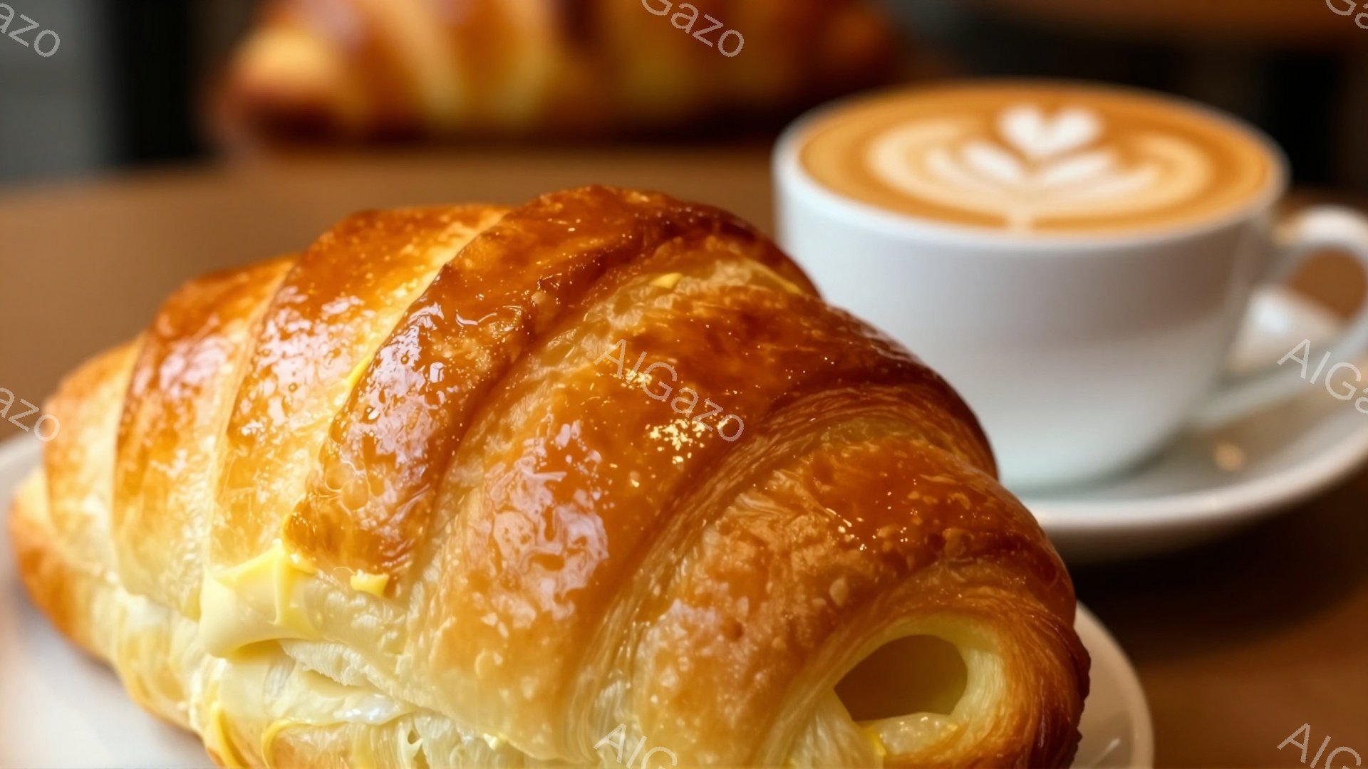 焼き立てのクロワッサンが、白磁のソーサーに乗ったカフェオレの隣に置かれている。クロワッサンは、黄金色に輝く表面が美しく、層がはっきりと見える。カフェオレには、ハート模様のラテアートが描かれており、温かく心地よい雰囲気を醸し出している。