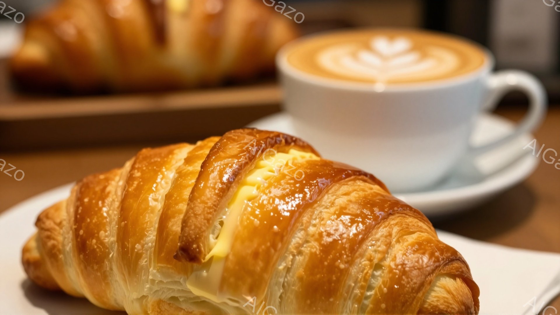 焼き色のついたクロワッサンが白い皿の上にあり、その上には溶けたバターが塗られています。背景には、もう一つのクロワッサンと、美しいラテアートが施された白いカップが添えられています。全体的に暖色系の色合いで、優雅で落ち着いた朝食の雰囲気が漂っています。