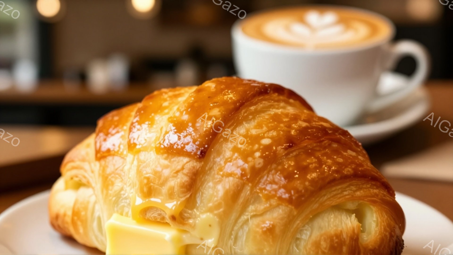 焼き色の美しいクロワッサンが、白い皿の上にバターを乗せて置かれています。背景には、ラテアートが施された白いカップとソーサーがあり、カフェの暖かい雰囲気が漂います。全体的に、朝食やブランチにぴったりの、シンプルで美味しそうな光景です。