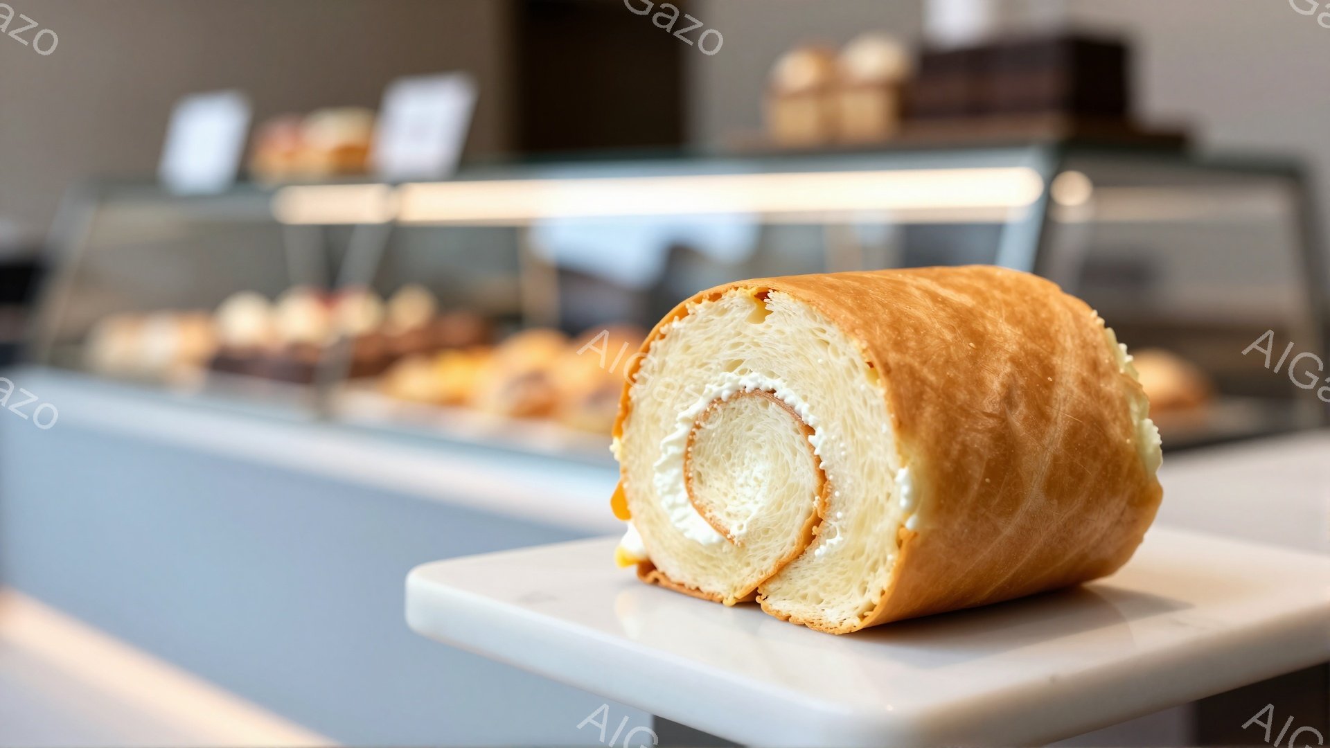 画像は、白い台座の上に置かれたロールケーキのクローズアップです。ロールケーキは淡い茶色で、クリームが渦巻状に巻かれており、断面がはっきりと見えます。背景には、様々な焼き菓子が並んだショーケースがあり、明るく清潔なパティスリーの雰囲気が伝わってきます。