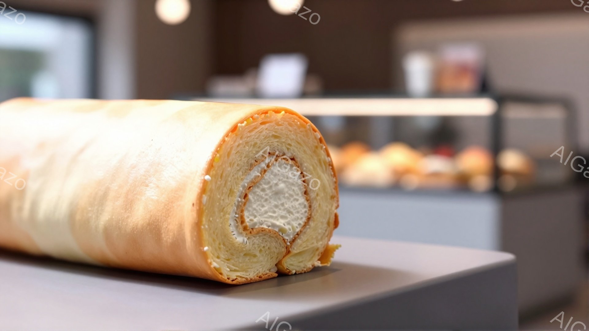 鮮やかなオレンジ色のロールケーキが、灰色のテーブルの上に置かれている。ケーキは横向きで断面が見え、白いクリームと薄いオレンジ色のスポンジ生地が層になっている。背景には、ぼやけたショーケースと様々な焼き - AI生成フリー素材