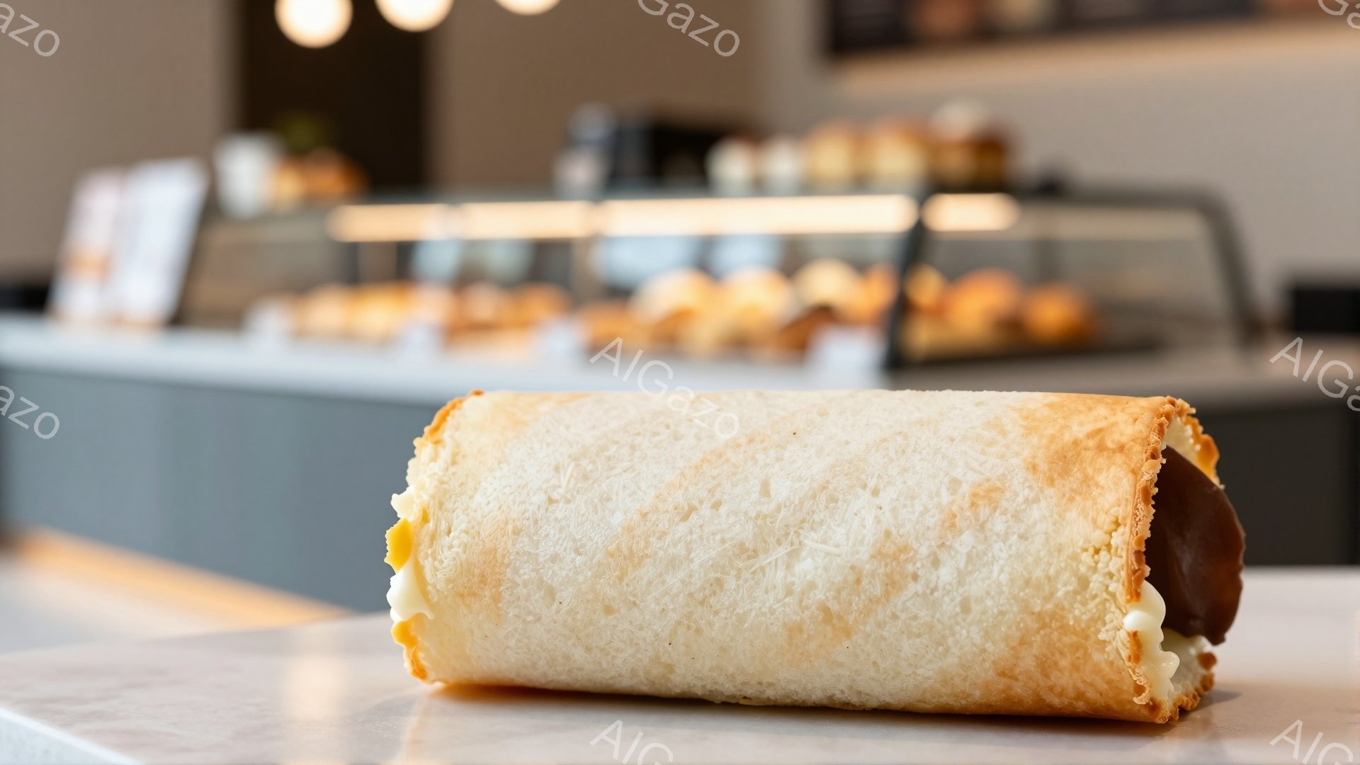 白いパン生地で茶色いクリームが巻かれたロールパンが、白い台の上に横たわっています。背景には、様々なパンが並んだショーケースが見え、カフェのような明るい室内であることがわかります。全体的に、美味しそうなパンに焦点を当てた、シンプルな写真です。