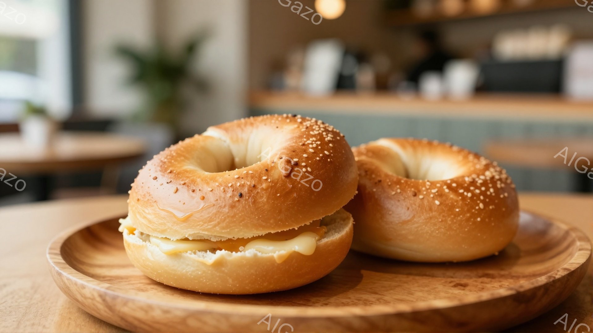 焼き目がついたベーグルが2つ、木製のプレートに乗せられています。片方のベーグルは中身が見えるように半分に切られており、とろけたチーズが挟まっているのがわかります。背景にはぼやけたカフェのカウンターとテーブルがあり、温かみのある雰囲気が漂っています。