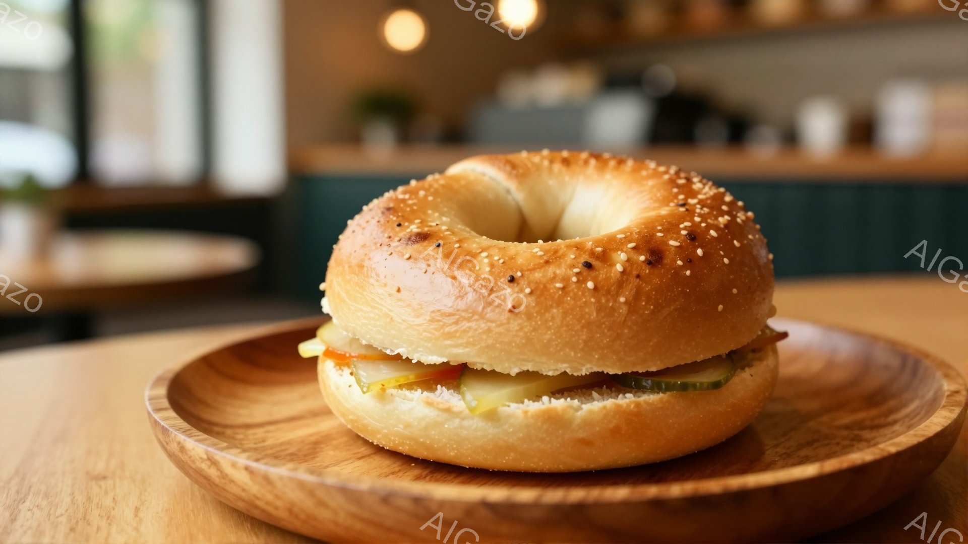 画像には、ケシの実がトッピングされた焼き色のついたベーグルサンドイッチが、木製のプレートに乗せられています。ベーグルの中身は、キュウリ、トマト、チーズのような食材で、軽食や朝食にぴったりの様子です。背景にはぼやけたカフェのインテリアが見え、暖かく親しみやすい雰囲気が漂っています。