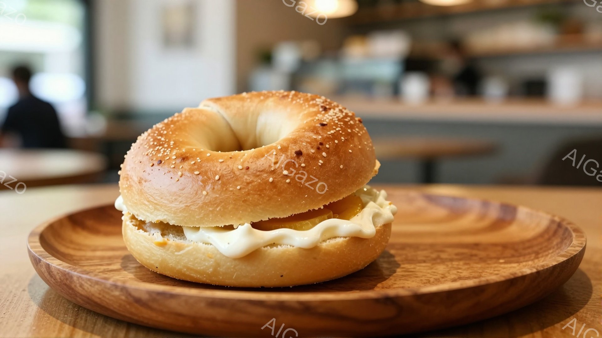 画像は、ケシの実がトッピングされた温かいベーグルサンドイッチが、木製のプレートに乗せられている様子を捉えています。ベーグルは半分に切られており、中には黄色い具材と白いソースが見え、美味しそうに見えます。背景にはぼやけたカフェの様子があり、暖かい光が差し込み、落ち着いた雰囲気です。