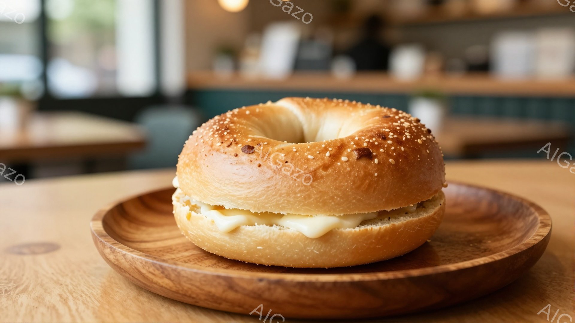 画像には、ケシの実がトッピングされた焼き色の良いベーグルが、木製のプレートに乗せられています。ベーグルの断面からは、とろけたチーズが覗き、美味しさを予感させます。背景には、ぼやけたカフェの様子が見え、温かく落ち着いた雰囲気が漂っています。
