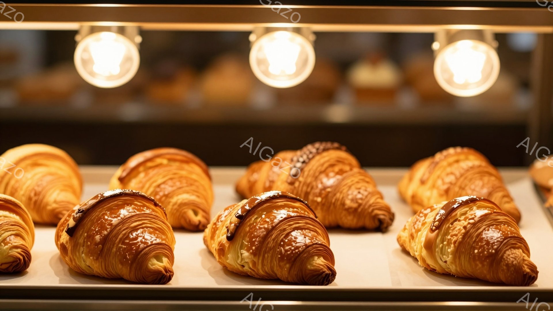 画像には、焼き色のついたクロワッサンが数個、白いトレーの上に並べられています。クロワッサンにはチョコレートやクリームがかけられており、美味しそうに見えます。背景にはぼんやりと光る照明があり、温かく魅力的な雰囲気を醸し出しています。