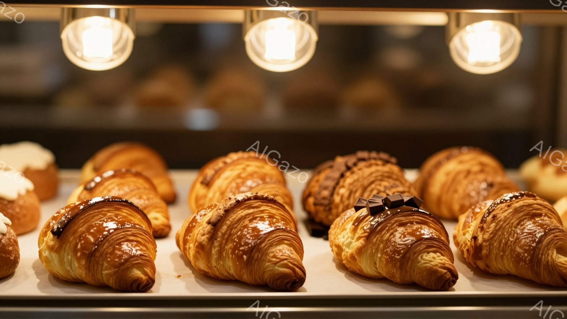焼き立てのクロワッサンがずらりと並んだ、ショーケース内の様子が写っている。クロワッサンは黄金色に輝き、表面には美しい焼き目がついている。上部にはスポットライトが照らされており、食欲をそそる温かい雰囲気が漂っている。