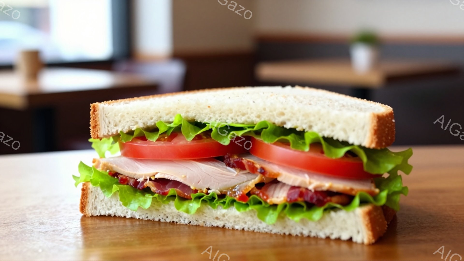 切り分けたサンドイッチが木製のテーブルに置かれています。パンの間にレタス、トマト、ベーコン、そしておそらくターキーまたはハムのスライスが挟まっており、断面から具材がはっきりと見えます。背景にはぼやけたテーブルと椅子があり、カフェやレストランのような明るい室内空間を示唆しています。