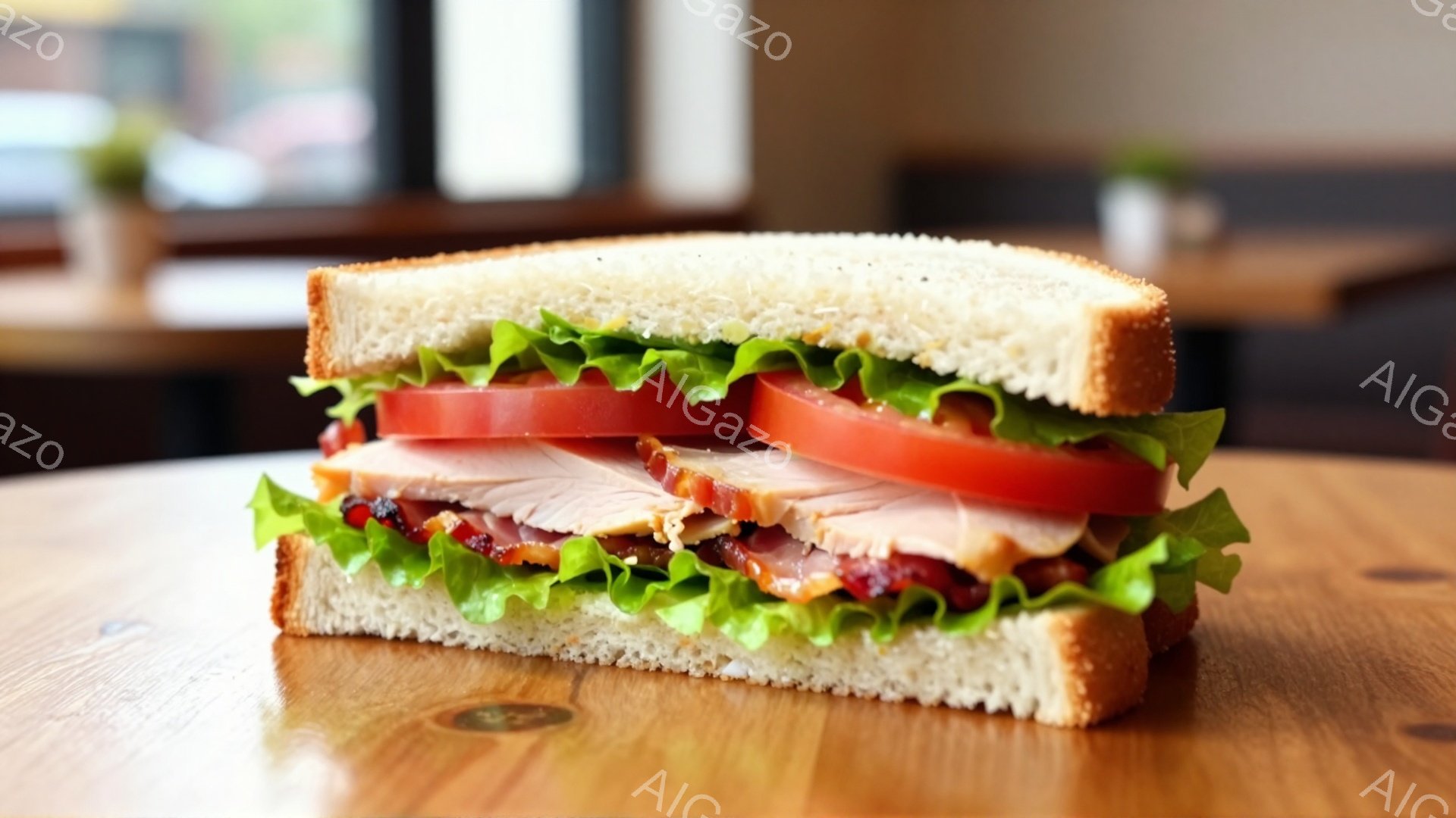 半分に切られたサンドイッチが木製のテーブルの上に置かれています。レタス、トマト、ベーコン、そして薄切りの肉が挟まっており、パンの縁は少し焦げています。背景にはぼやけたテーブルと椅子が見え、カフェのよう - AI生成フリー素材