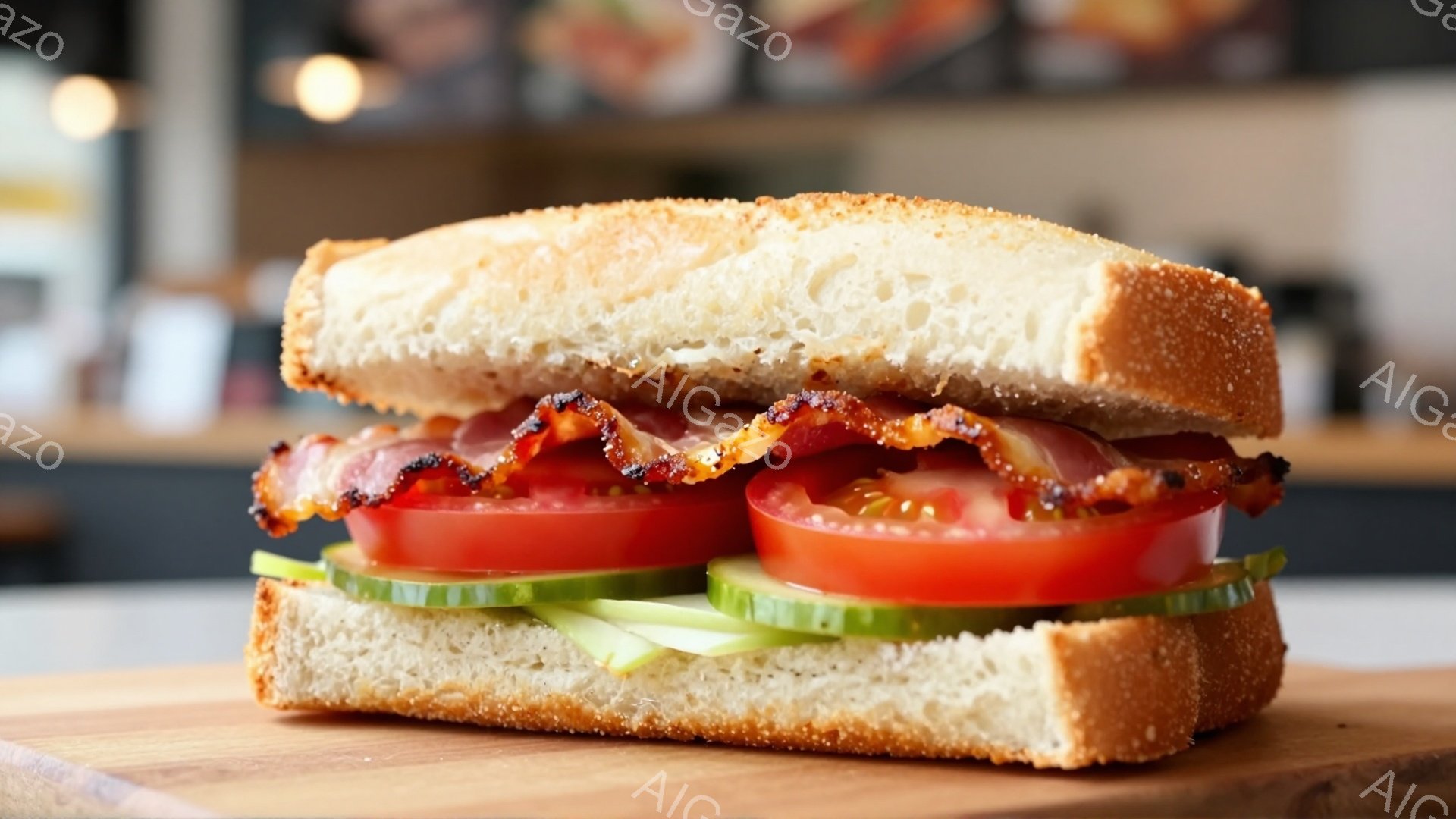 焼けたトーストパンで挟まれたベーコン、トマト、レタスのサンドイッチが、木製の板の上に乗っています。ベーコンはカリカリに焼けており、トマトは鮮やかな赤色で、レタスは緑色で新鮮に見えます。背景はぼやけていますが、カフェやレストランのような場所であると思われます。