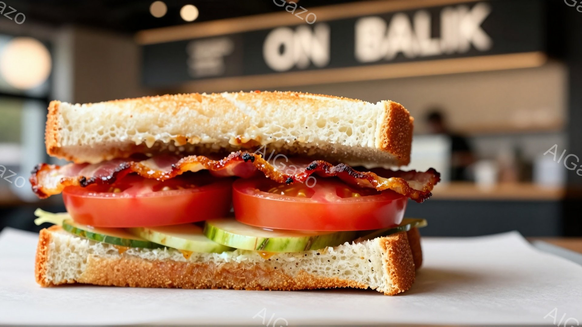 厚切のパンに、トマト、キュウリ、カリカリに焼いたベーコンが挟まれたサンドイッチが写っている。背景にはぼやけた店内の様子が見え、壁には「BALI」という文字が書かれた看板がある。全体的に明るく食欲をそそ - AI生成フリー素材