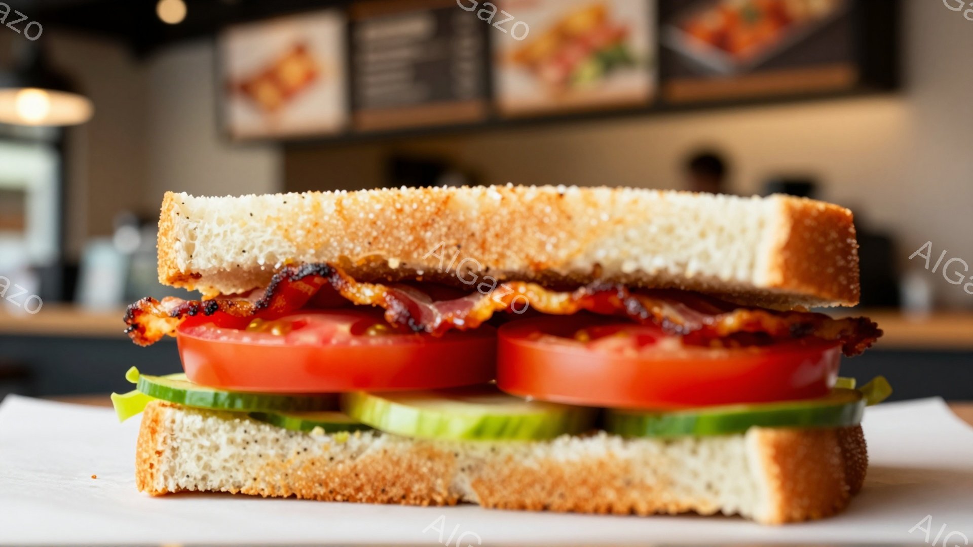 厚切りトーストパンで挟まれたサンドイッチが、白い紙の上に乗っています。中には、赤く熟したトマト、薄切りのキュウリ、そしてカリカリに焼かれたベーコンが層になって挟まれています。背景には、ぼやけた店舗の様子が見え、全体的に明るく食欲をそそる雰囲気です。
