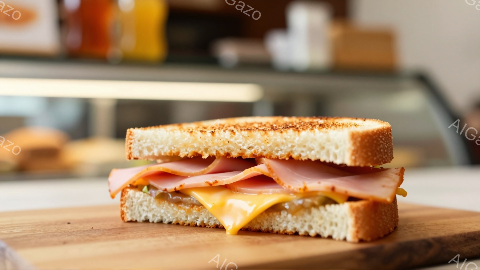 ハムとチーズのサンドイッチが木製の板の上に半分に切られて置かれています。パンは軽く焼かれており、チーズは溶けてパンとハムの間から覗いています。背景にはぼやけたパン屋のショーケースが見え、暖かく家庭的な雰囲気を醸し出しています。