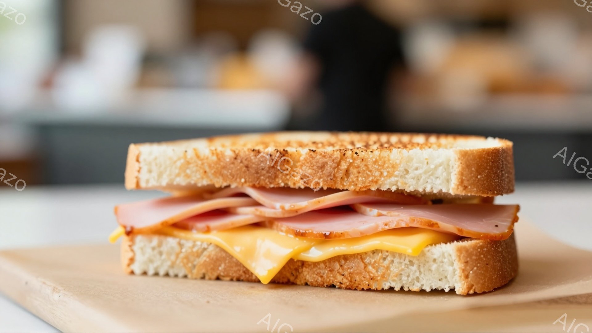 サンドイッチが木製のボードの上に置かれており、2枚のスライスしたパンの間にハムと溶けたチーズが挟まれています。パンは軽くトーストされており、表面には焦げ目がついています。背景はぼやけていますが、おそらく屋内であり、暖かく親しみやすい雰囲気です。