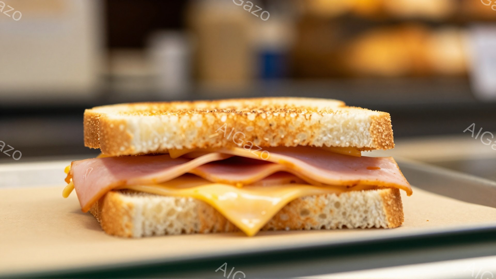 トーストパンで挟まれたハムとチーズのサンドイッチが、茶色の紙の上に置かれています。チーズは溶けており、パンの表面は軽く焼けています。背景には、ぼやけたパン類が見え、全体的に暖かく食欲をそそる雰囲気です - AI生成フリー素材