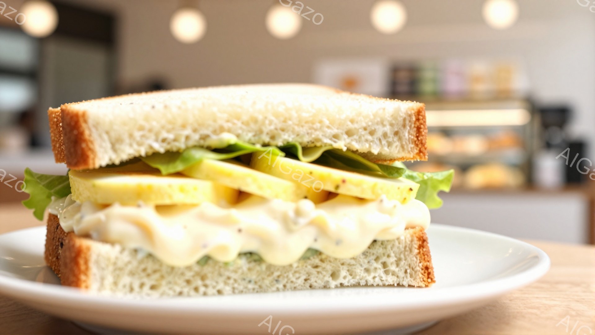 白い皿の上に、半分に切られた卵サンドイッチが置かれています。サンドイッチは、トーストされたパンの間にレタス、卵サラダが挟まっており、卵サラダからは黄色いソースが溢れています。背景には、ショーケースとぼんやりとした光が見え、カフェのような穏やかな雰囲気が漂っています。