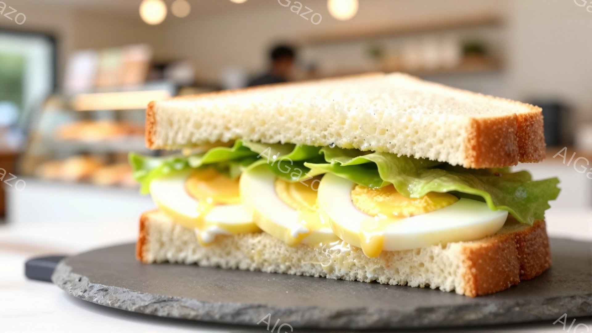 切り株のような黒いプレートに乗せられた、半分に切られた卵サンドイッチが写っています。サンドイッチの中には、レタスとスライスされたゆで卵、そしてマヨネーズが挟まっており、パンはふっくらとした食感に見えます。背景には、ぼやけたカフェのカウンターと、わずかに人影が見え、明るく清潔な雰囲気を感じさせます。