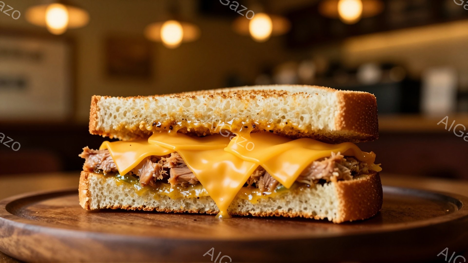 焼き上がったパンで具材を挟んだサンドイッチが、木製のプレートに乗せられています。具材は、とろけたチーズと、細かくほぐされた肉のようです。背景は少しぼやけており、暖色系の照明が暖かく、食欲をそそる雰囲気を醸し出しています。