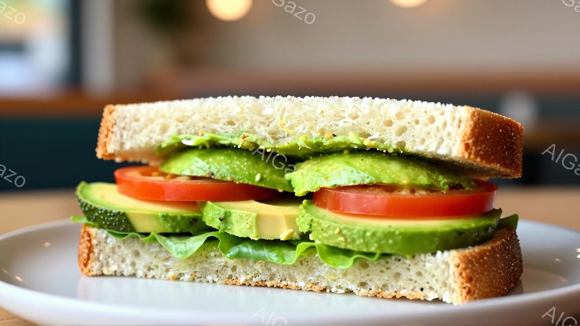 白い皿の上に、トマトとアボカド、レタスを挟んだサンドイッチが乗っています。パンは茶色で、表面に小さな穴がたくさんあります。背景はぼやけていますが、明るい室内であるように見えます。