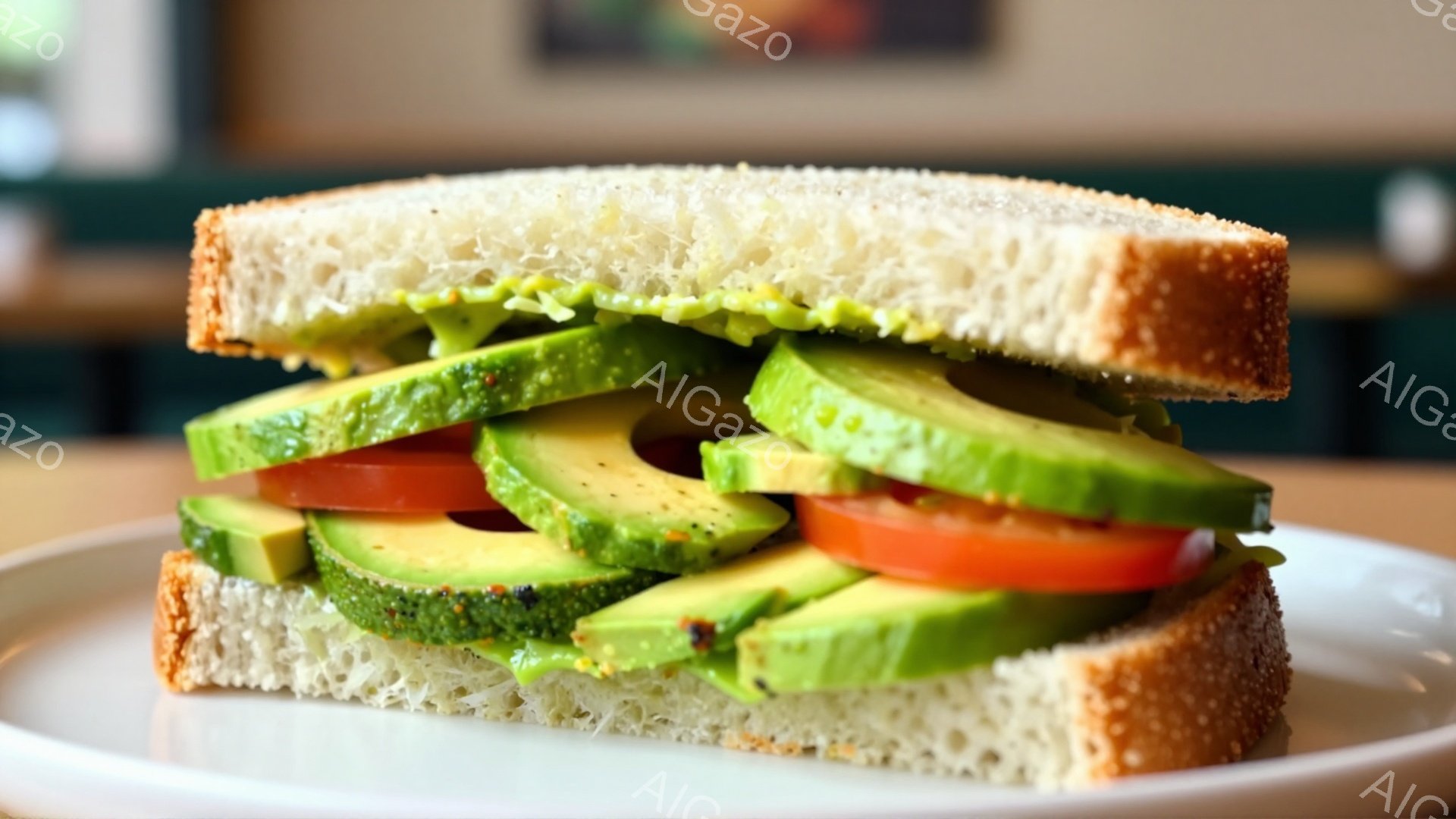 白い皿に挟まれたアボカドとトマトのサンドイッチが写っている。パンは軽く焦げ目がついており、アボカドのスライスと赤いトマトがたっぷり挟まれている。背景はぼやけており、店内の一部が見えるが、全体的に明るく、食欲をそそる雰囲気である。